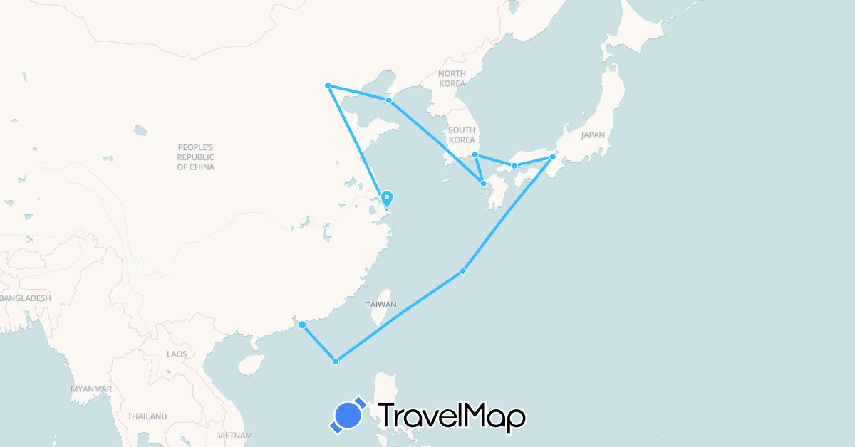 TravelMap itinerary: boat in China, Japan, South Korea, Taiwan (Asia)